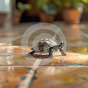 Small turtle traverses tile floor, shell glinting in ambient light