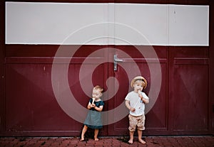 Small two toddler children outdoors in summer, eating ice cream.