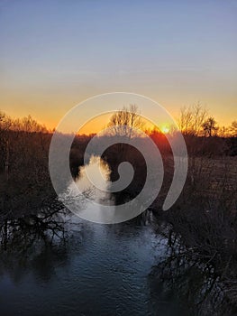 The small Ukrainian river during sunset time