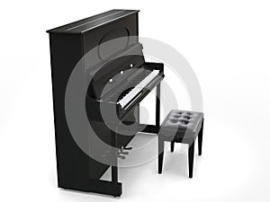 Small upright piano with piano bench - on white background