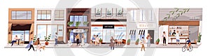 Small urban street with cafes and shops vector flat illustration. Happy man, woman and couples walking on modern city