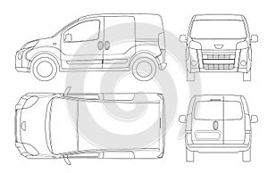 Small Van Car in lines. Isolated car, template for car branding and advertising. Front, rear , side, top and back. All