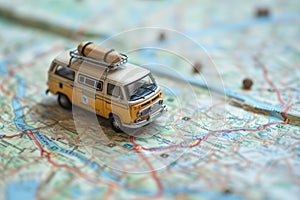 Small van car model on the map paper, concept travel, road trip, Planning the route to fun