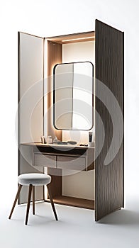 A small vanity with a mirror and a stool