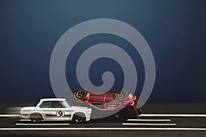 Small vehicles describing a traffic accident due to excessive speed and wrong overtaking or violation of rules