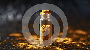 A small vial of bright yellow turmeric powder. Turmeric is a powerful antiinflammatory and is often used in herbal photo