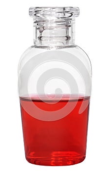 Small vial with red liquid on white background