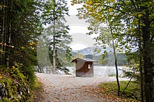 Small viewing booth at lake Elbsee in Bavaria, Germany photo