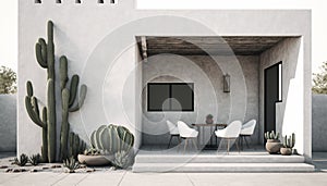 Small villa in Mexico, tropical house with dining zone and cactus, Generative AI