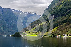 Small village at the banks of the Aurlandsfjord, Norway