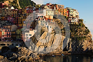 Small village built on the rocks. Manarola. Village between mountains and the Ligurian sea