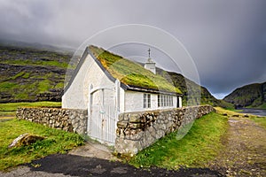 Small village church in Saksun, Faroe Islands, Denmark photo
