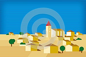 Small village. Geometric landscape with buildings and horizont.