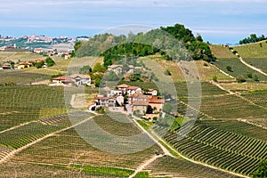 Small village among Langhe vineyards. Viticulture near Barolo, Piedmont, Italy, Unesco heritage. Barolo,