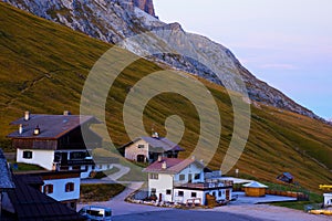 Small village in Pass Pordoi in the Dolomites Sella group, Italy