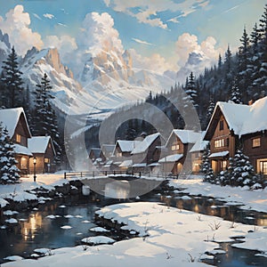 A small village by the river among the mountains in winter. Stone bridge over the river. Generative AI