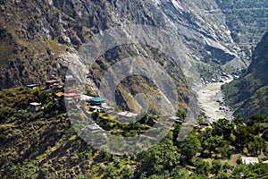 A small village at top of hill amid the mountain region at Himachal Pradesh