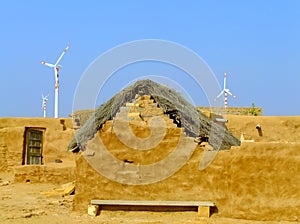 Small village with traditional houses in Thar desert, India