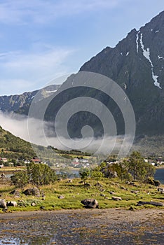 Small village in valley on Lofoten Islands