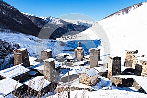 Small village in winter with Caucasus mountain. Ushguli famous landmark in Svaneti Georgia is one of the highest settlements in