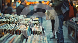 A small vintage shop with a record section tucked in the back and customers browsing through crates of vinyl