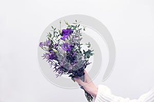 small violet bouquet. Holding in human hand. White background space for text. Women Day gift.