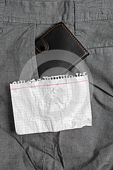 Small wallet in the trousers front pocket beside white note sheet. Little purse is placed inside man pants near notation