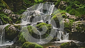 A small waterfall cascades through rocks and moss in a dense forest setting, A cascading waterfall surrounded by rocks and moss