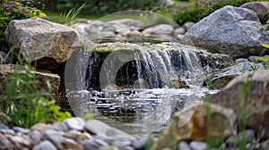 A small waterfall feature trickles in the background creating a gentle and calming ambient sound. 2d flat cartoon photo