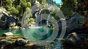 Small waterfall flowing into blue lake surrounded by rocks and green trees growing. AI Generative