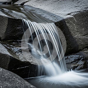 A small waterfall flows over smooth dark rocks creating a serene scene