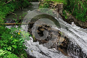 A small waterfall in the forest. Bright juicy greens and splashes of water. A quiet and peaceful place for family holidays