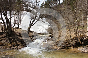 Small waterfall in the forest in early spring