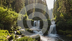 a small waterfall in the middle of a forest generated