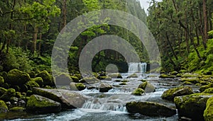 a small waterfall in the middle of a forest generated
