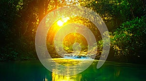 A small waterfall in the middle of a forest at sunset