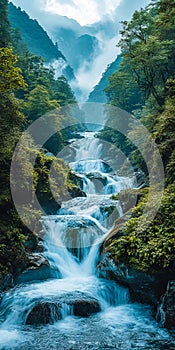 A small waterfall in the middle of a lush green forest