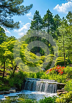 A small waterfall in the middle of a lush green forest