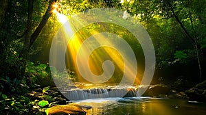 A small waterfall in the middle of a lush green forest