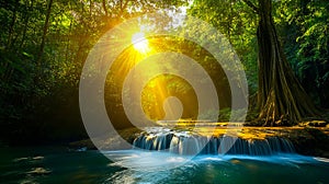 A small waterfall in the middle of a lush green forest