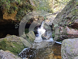 Small waterfall over rocks on Greaves Creek on the Grand Canyon Walking Track