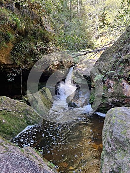 Small waterfall over rocks on Greaves Creek on the Grand Canyon Walking Track