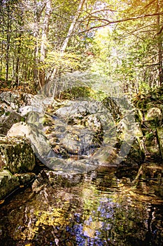 Small waterfall and pool of fresh water on Keystone arches bridge Trail in Berkshires Massachusetts