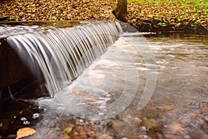 Small waterfall river in the forest. Spring water flow