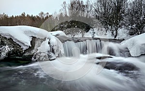 Small waterfall on river in winter, long exposure makes water milky smooth, snow and ice around, morning sun setting up distant