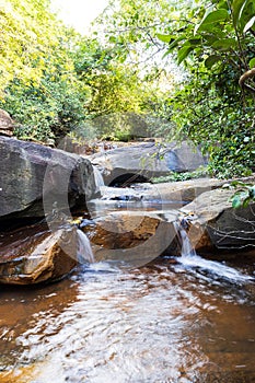 Small waterfall running through rock slab in forest surrounded by trees in the middle of valley