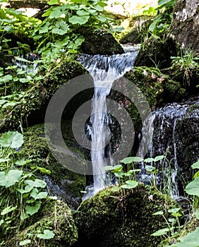 Small waterfall with stones covered by moss