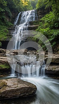 a small waterfall surrounded by large rocks in the forest with trees