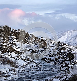 Small waterfall in the Thingvellir national park, Iceland