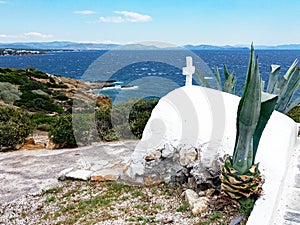 The small white Agios Nikolaos Church, Rafina, Greece.